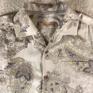 Tommy Bahama Mens 100% Silk Paisley Floral Camp Shirt Beige Green Short Sleeve
